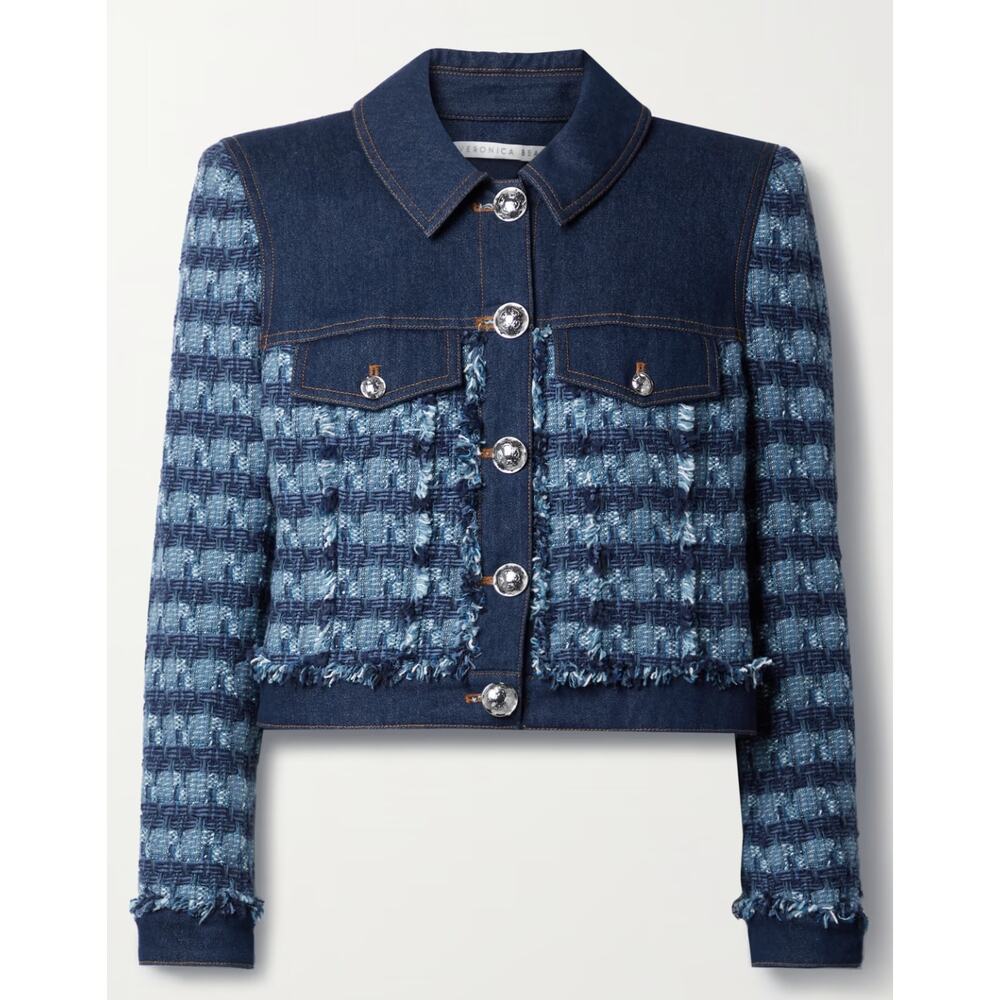 NBW Women's Veronica Beard Santo Cotton-Blend Tweed and Denim Jean Jacket Size 8